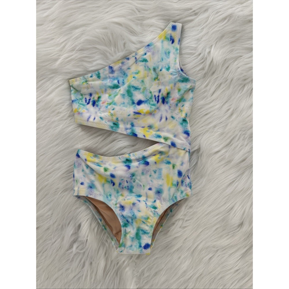 NWT Girls Crewcuts White Blue Yellow Tie Dye 2 Swim Suit One Piece Cut Out #1078